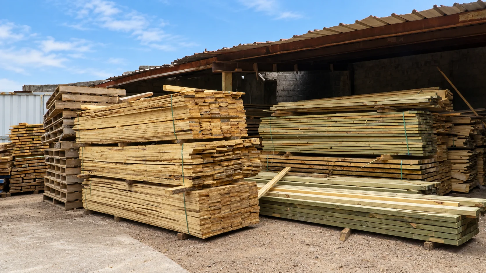 Patio del depósito con paquetes de madera