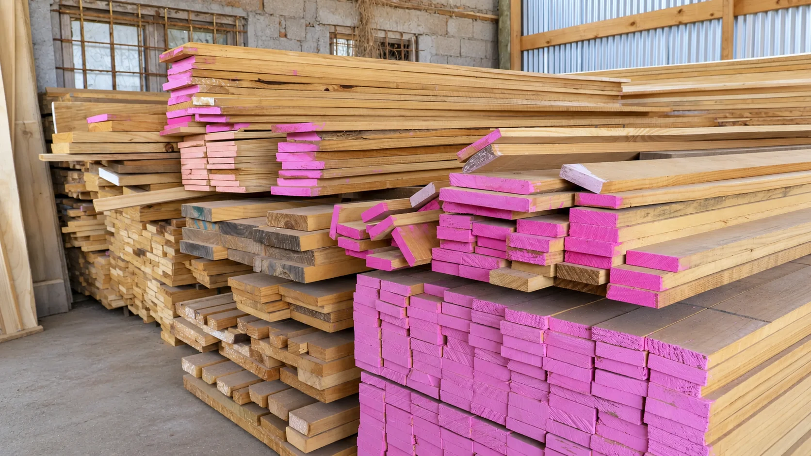 Tablas de pino con puntas marcadas