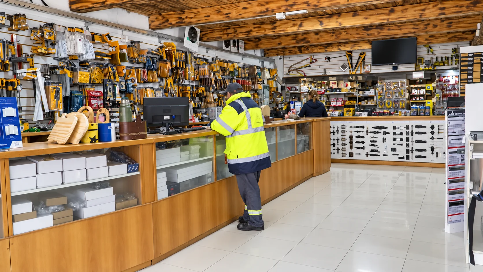 Mostrador de la ferretería con herramientas manuales