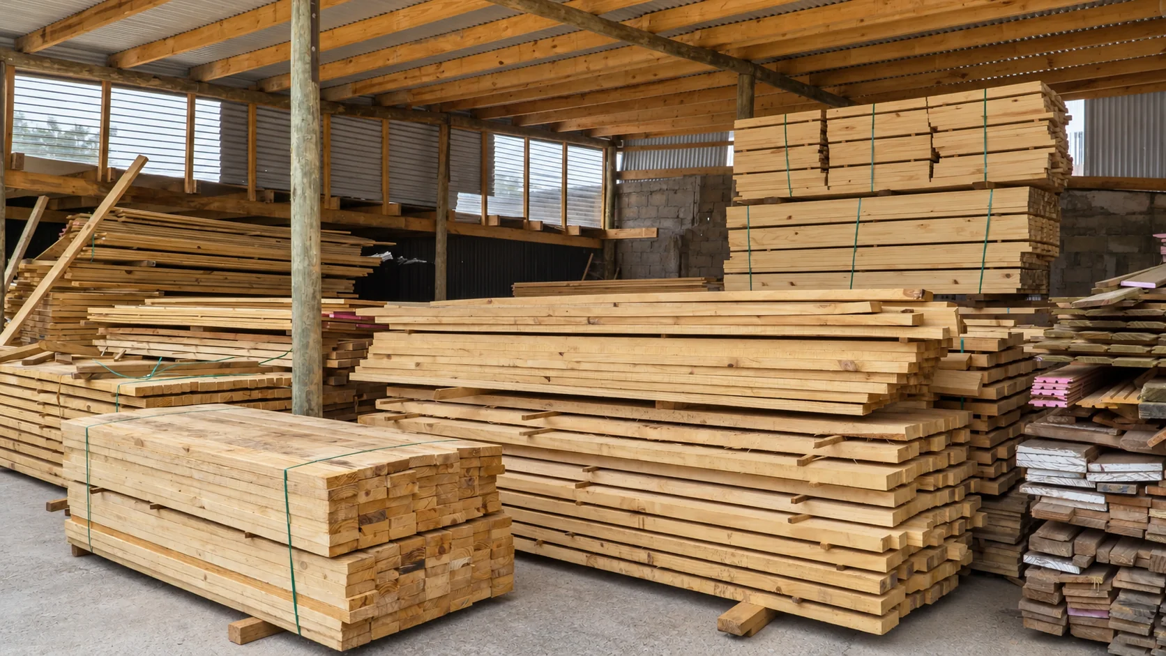 Galpón con stock de tablas y tirantes
