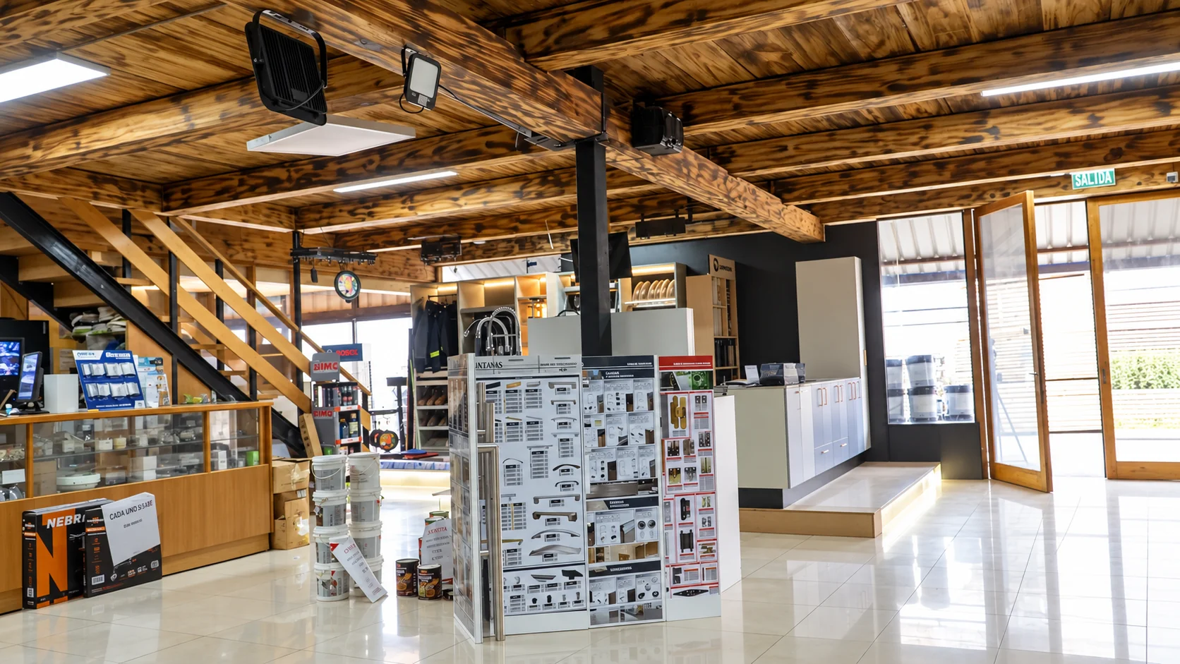 Interior del local con techo de vigas de madera
